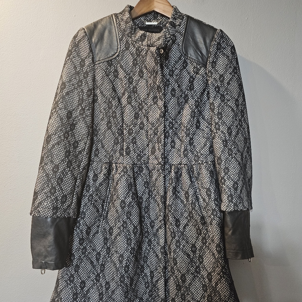 Steve Madden Black Gray Faux Leather Trim Lace Overlay Coat Womens Size M